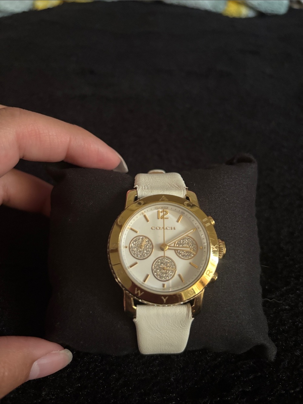 Coach Women's White Leather Watch with Gold Accents and Crystal Subdials - Picture 3 of 6